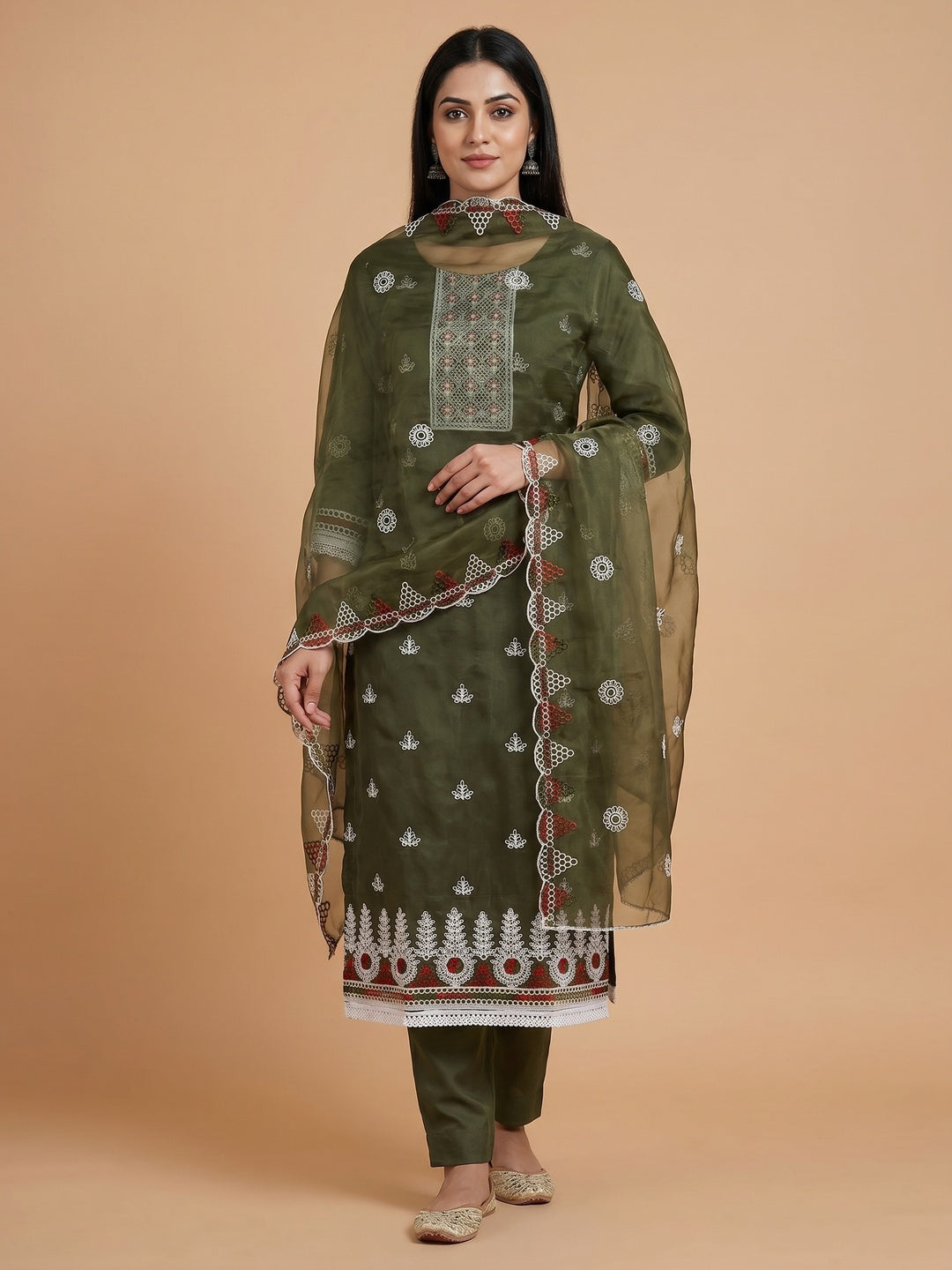 Mehendi Green Floral Embroidered Organza Dress Material - Image 1