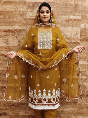 Mustard Floral Embroidered Organza Dress Material - Image 1