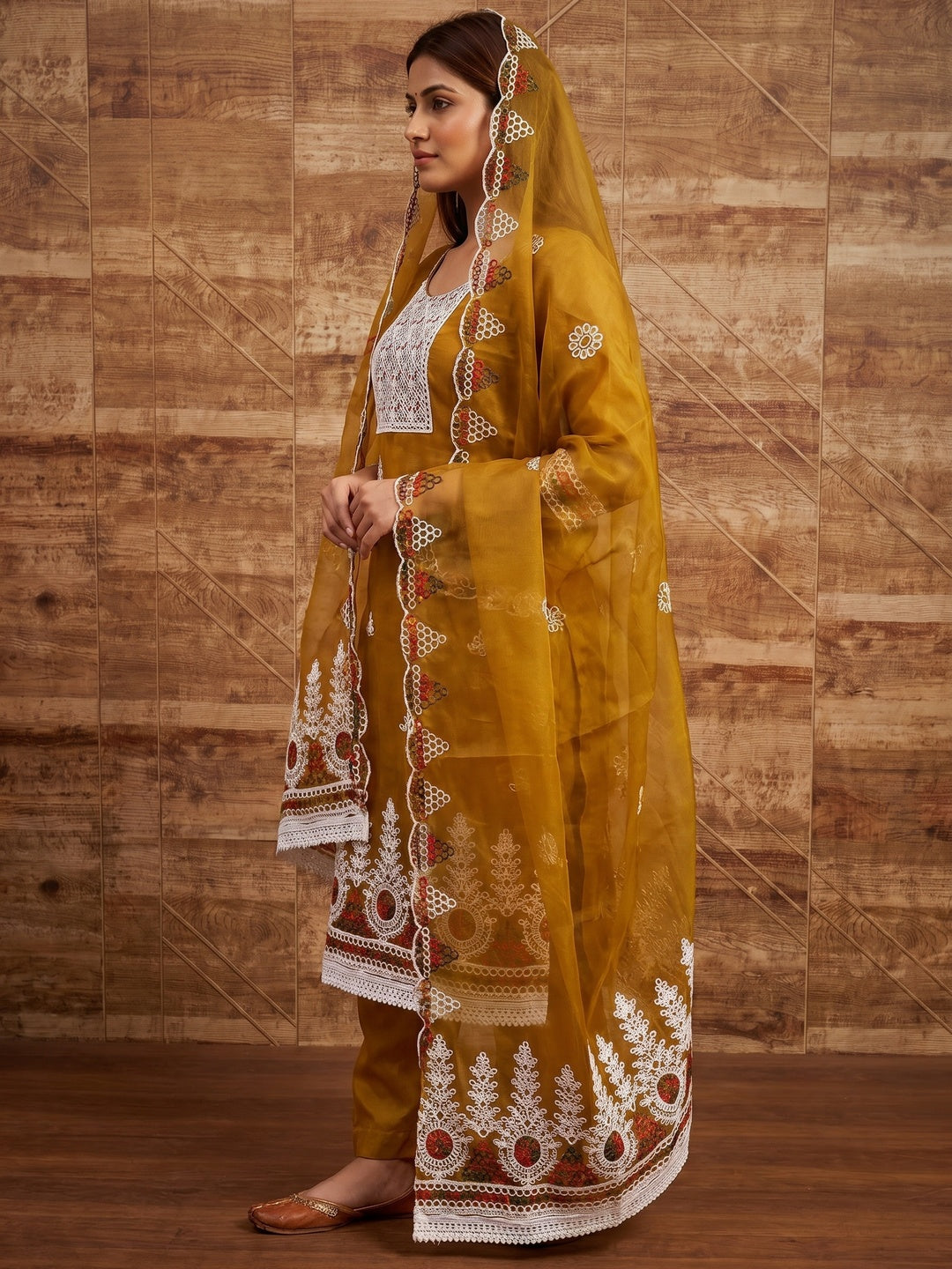 Mustard Floral Embroidered Organza Dress Material - Image 2