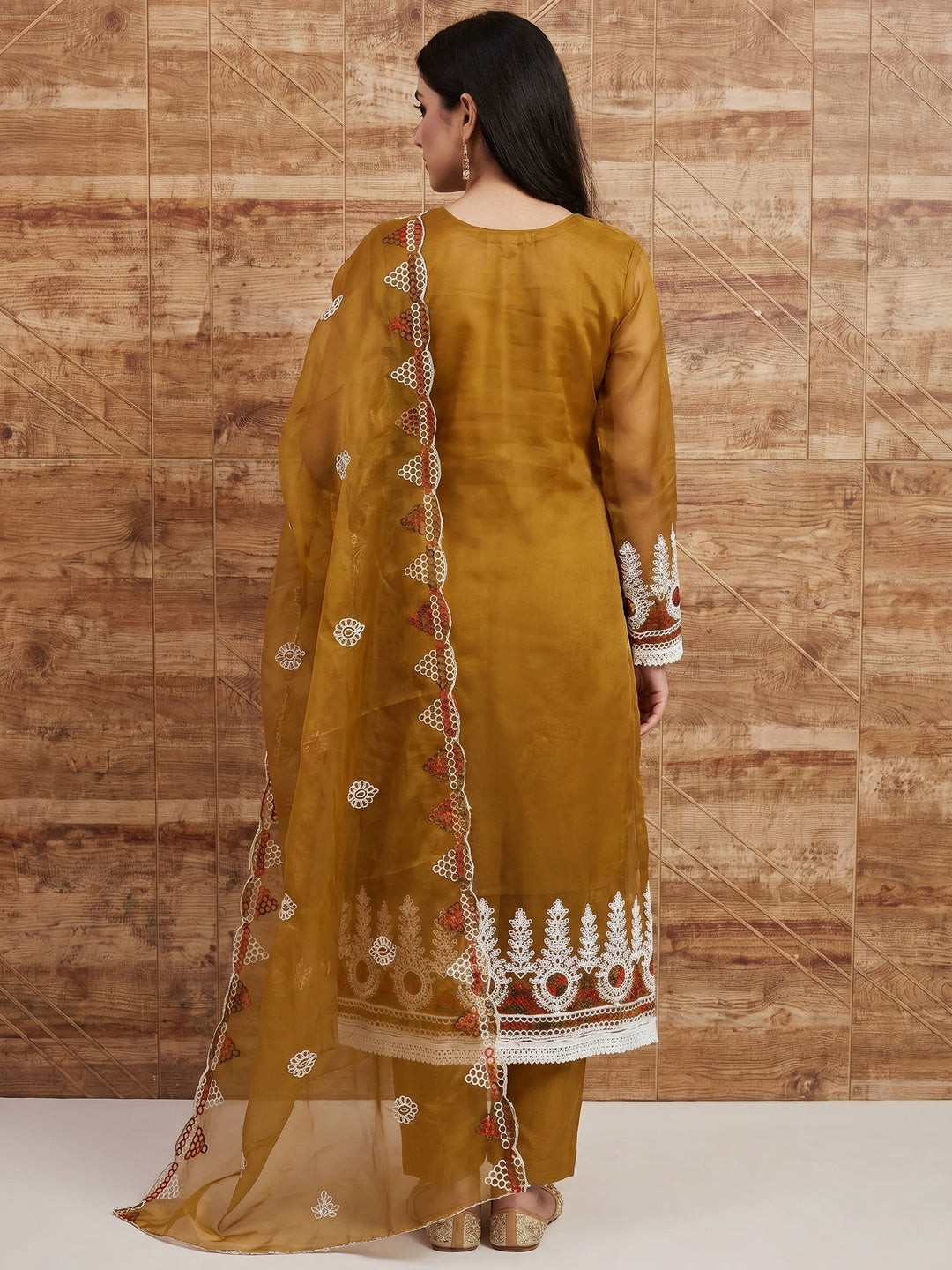 Mustard Floral Embroidered Organza Dress Material - Image 3