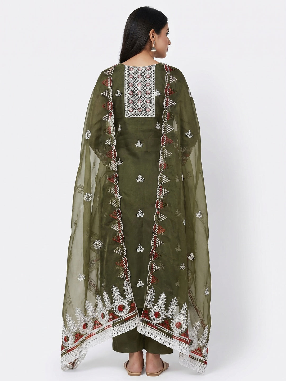 Mehendi Green Floral Embroidered Organza Dress Material - Image 3