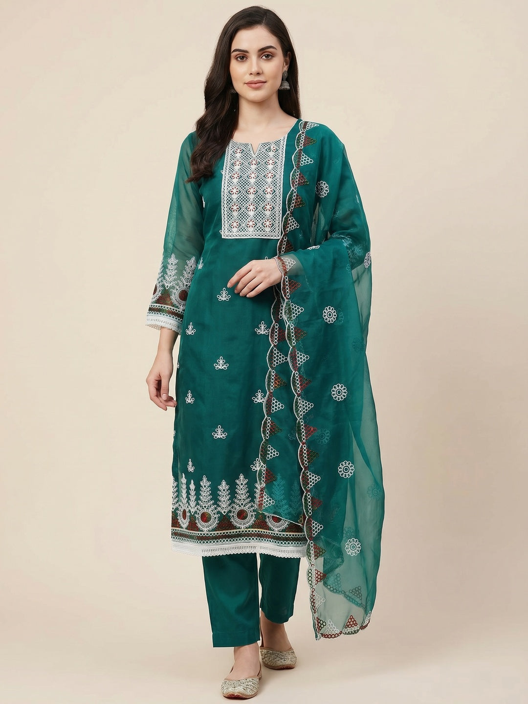 Rama Green Floral Embroidered Organza Dress Material - Image 1
