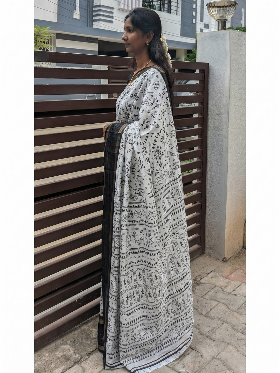 White Warli Printed Dola Silk Saree - Image 1
