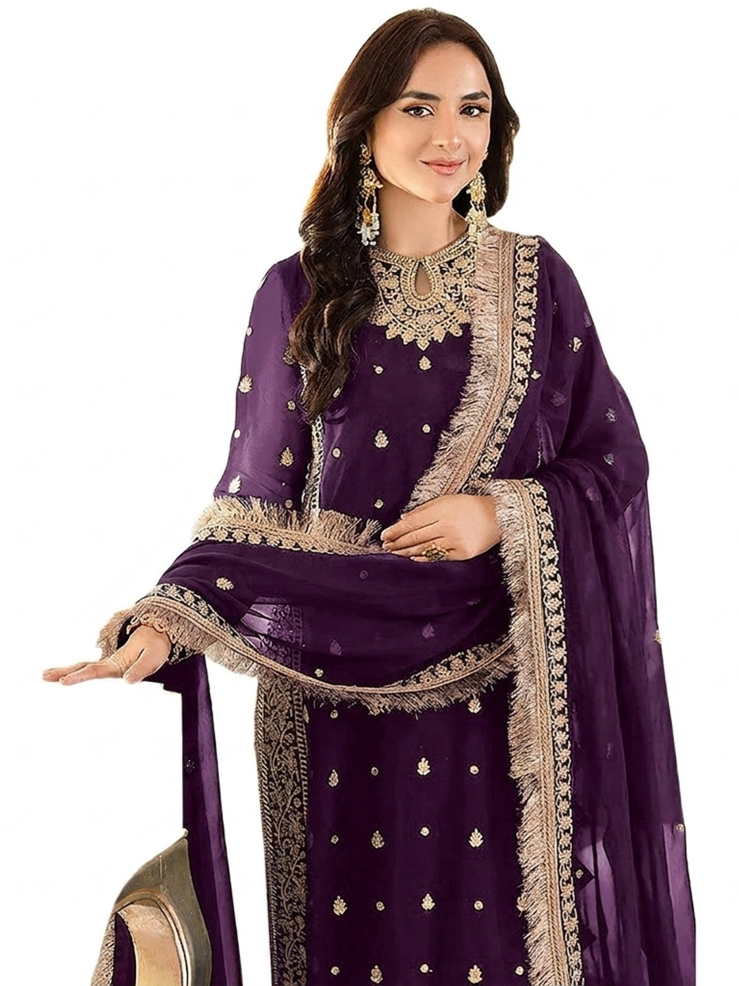 Purple Floral Embroidered Georgette Semi Stitched Pakistani Suit - Image 1