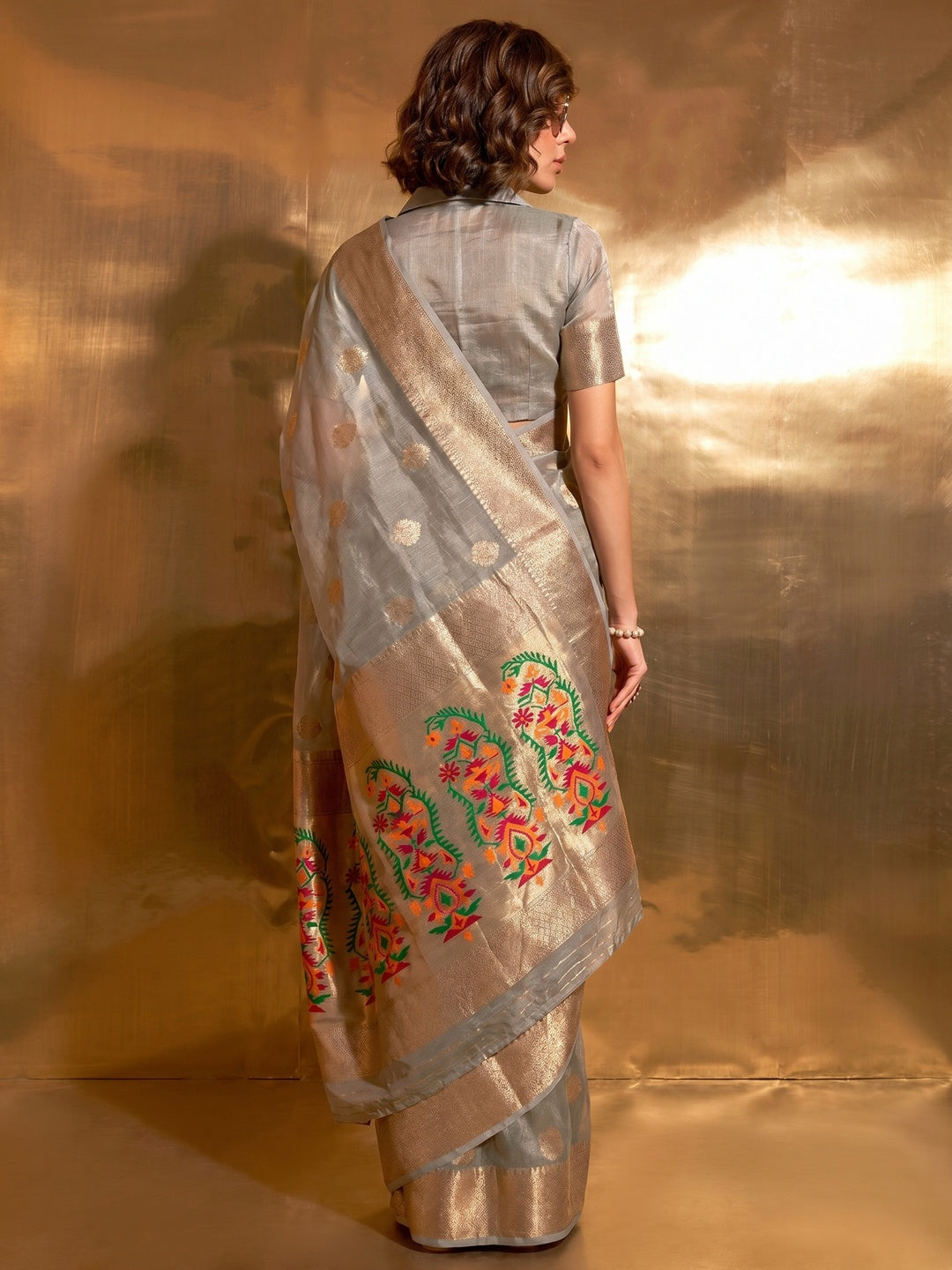 Grey Woven Tissue Paithani Saree - Image 1