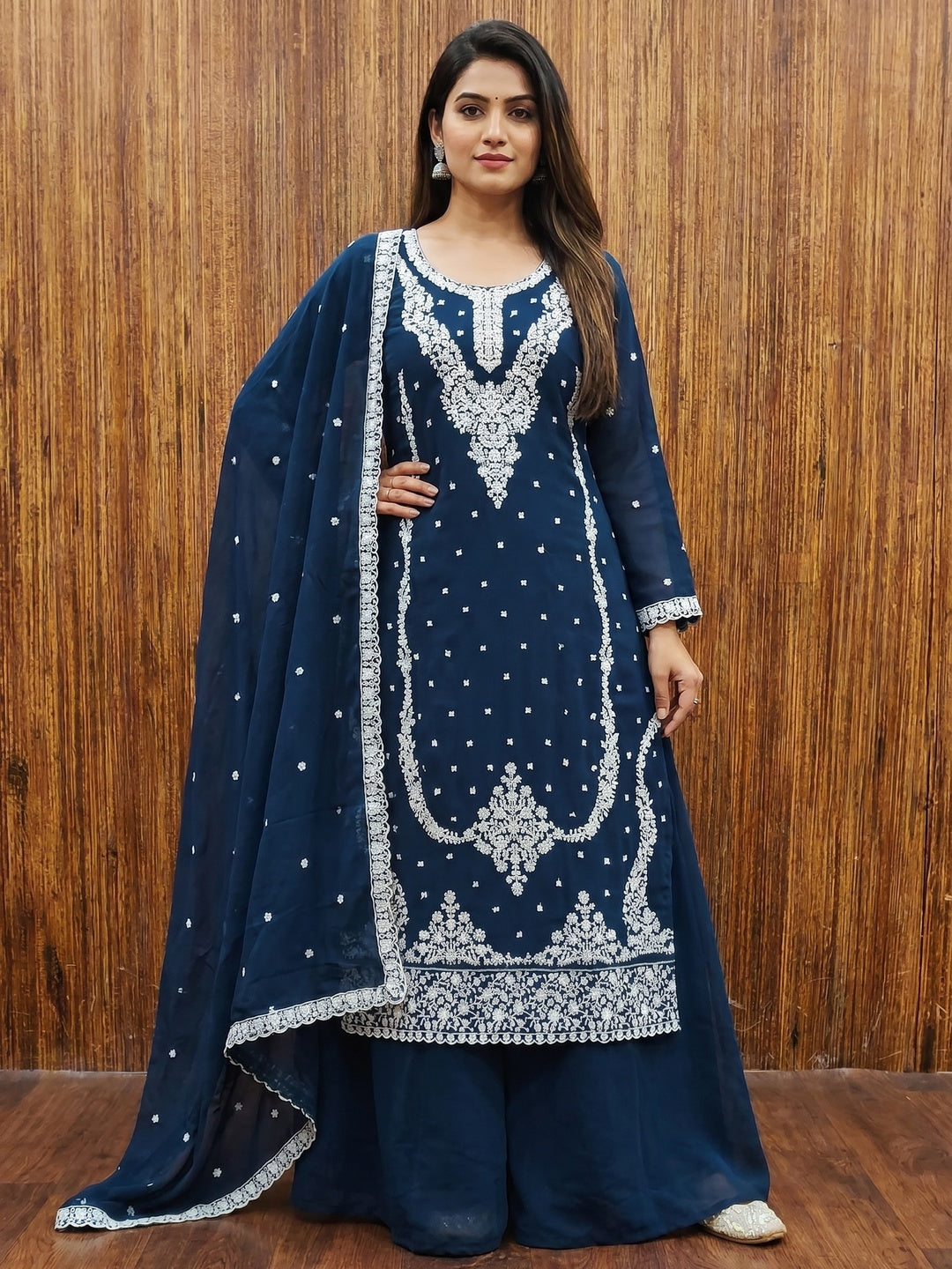 Morpich Floral Embroidered Georgette Dress Material - Image 1