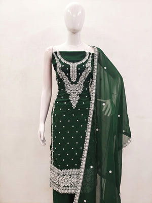 Green Floral Embroidered Georgette Dress Material - Image 1