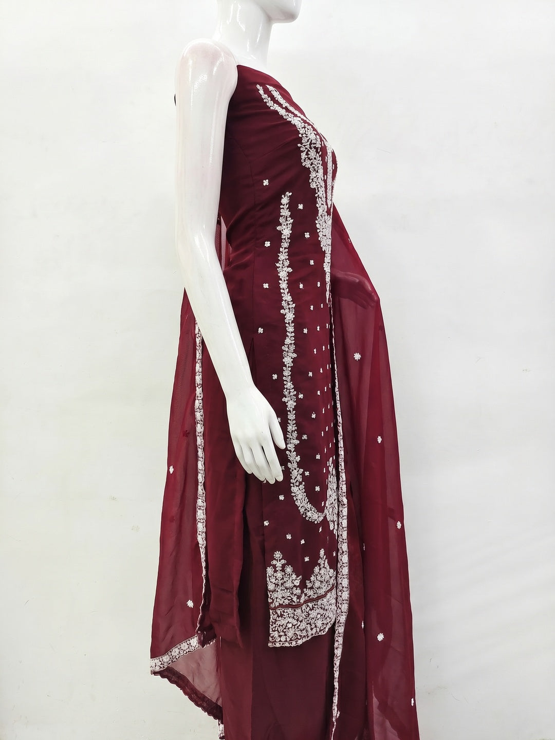 Maroon Floral Embroidered Georgette Dress Material - Image 3