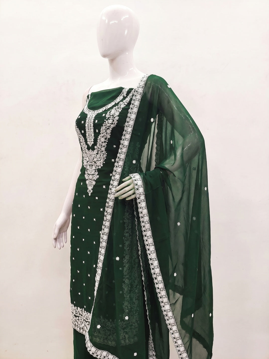 Green Floral Embroidered Georgette Dress Material - Image 2