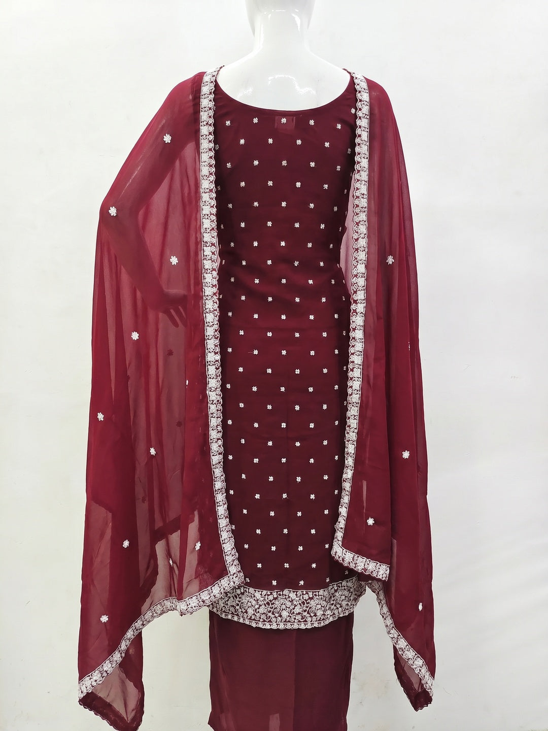 Maroon Floral Embroidered Georgette Dress Material - Image 2