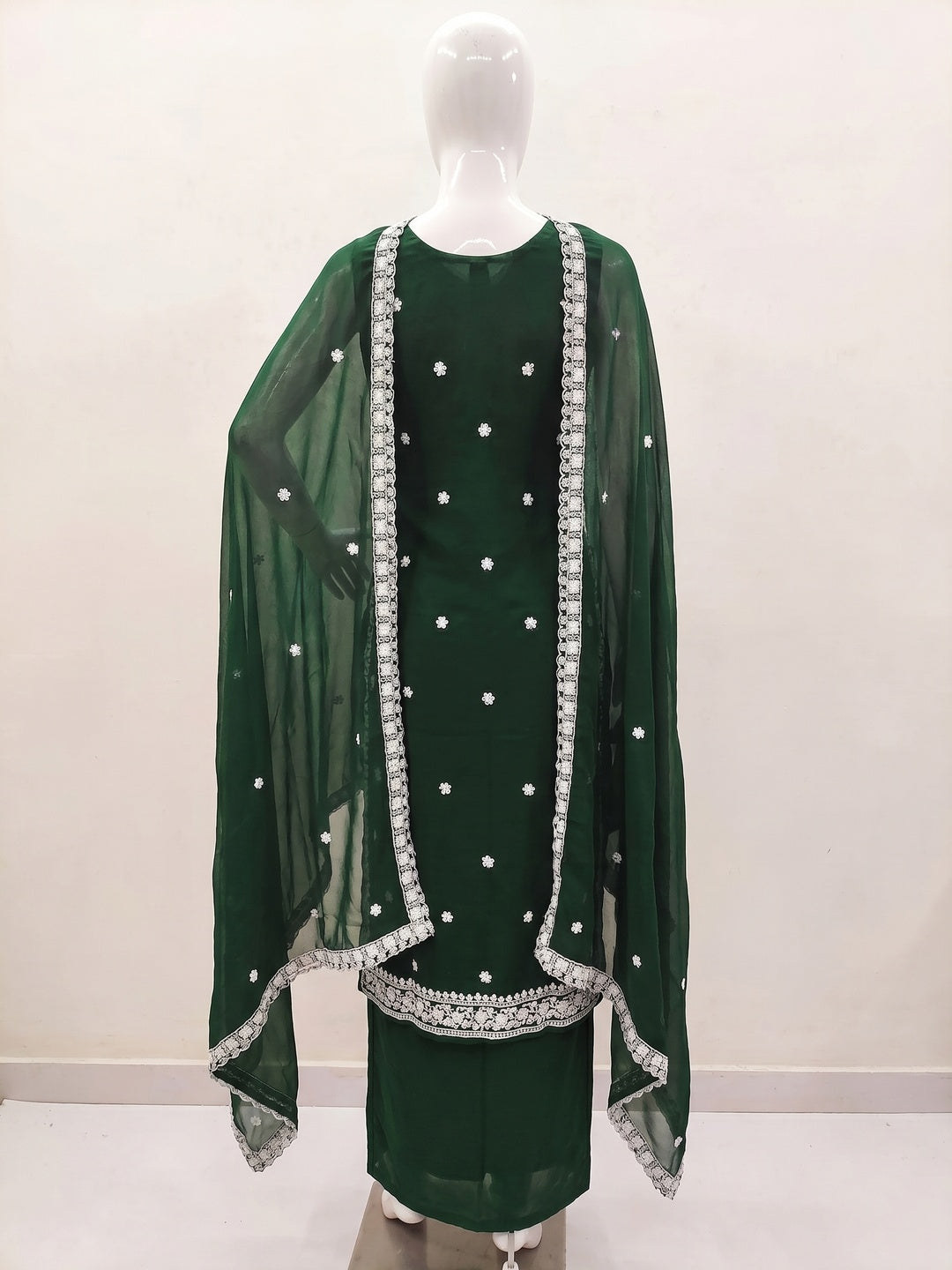 Green Floral Embroidered Georgette Dress Material - Image 3