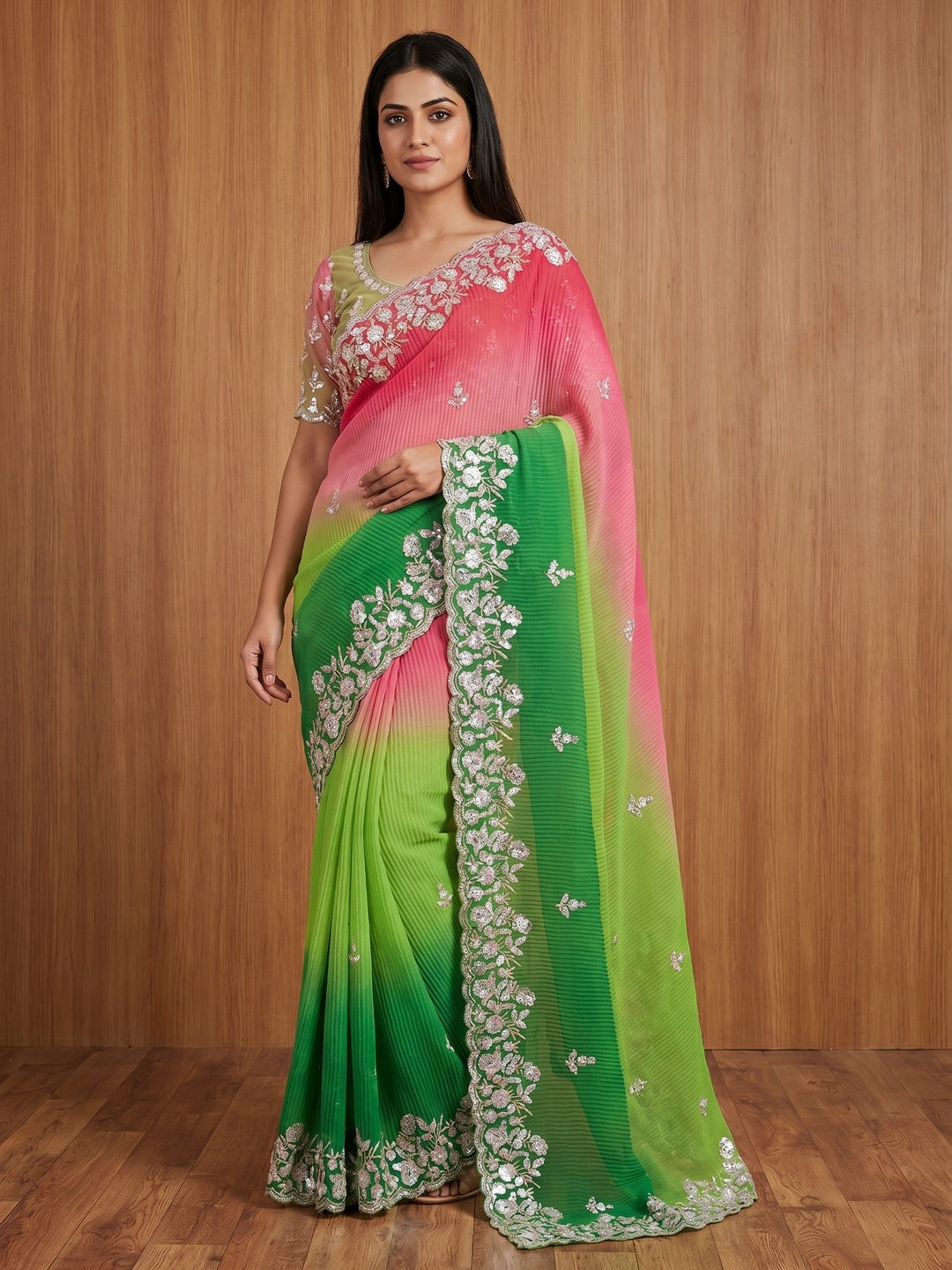 Green & Pink Sequins Embroidered Georgette Crush Saree - Image 1