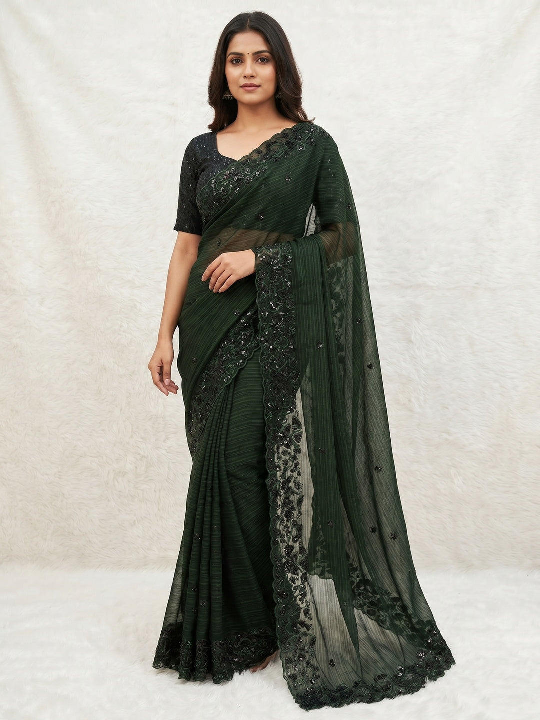 Dark Green Sequins Embroidered Chiffon Saree - Image 1