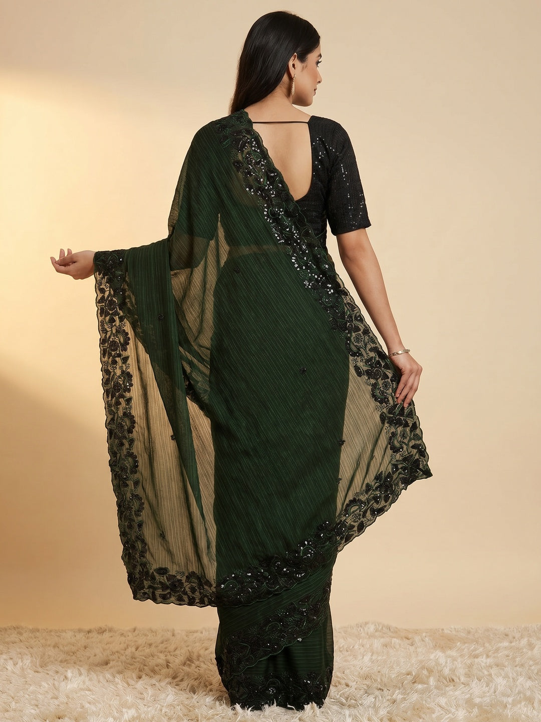 Dark Green Sequins Embroidered Chiffon Saree - Image 2