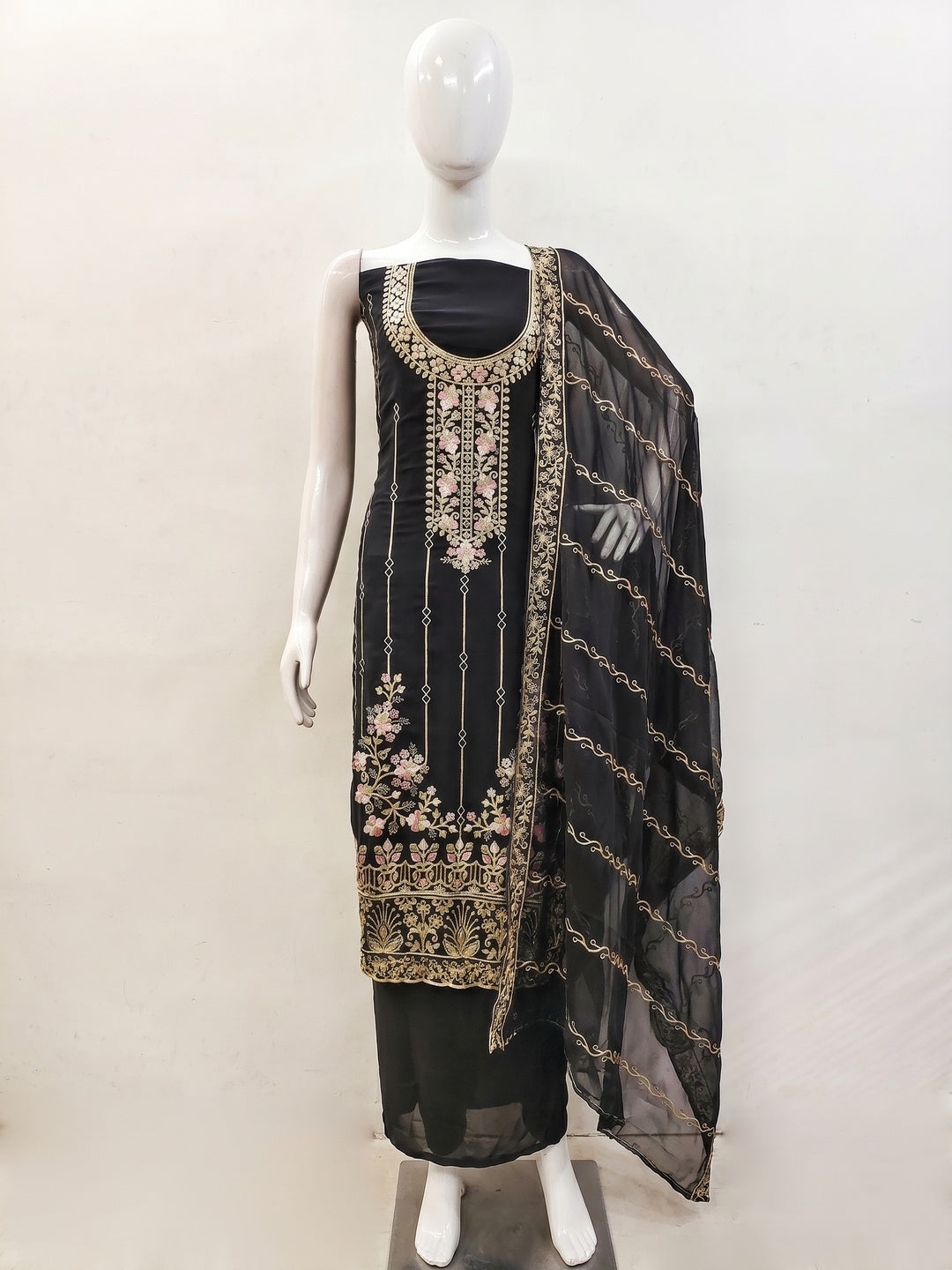 Black Embroidered Georgette Dress Material - Image 1