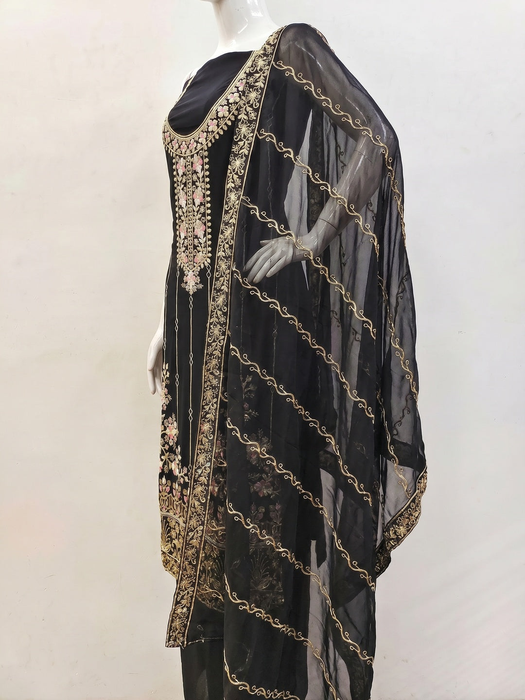 Black Embroidered Georgette Dress Material - Image 2