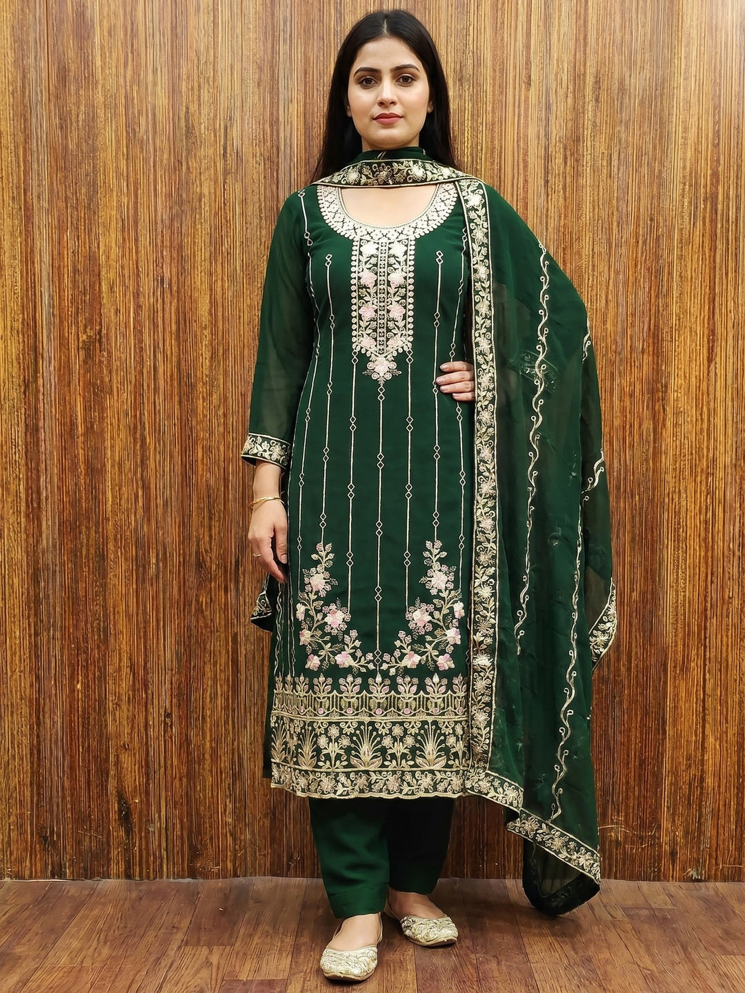 Green Embroidered Georgette Dress Material - Image 1