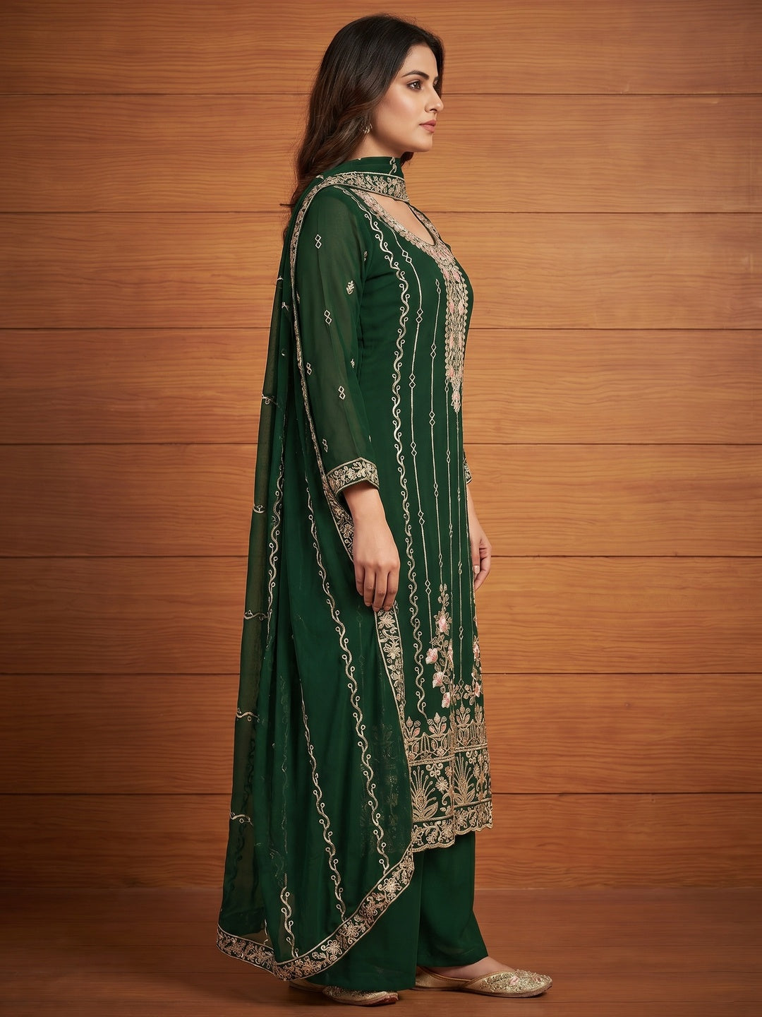 Green Embroidered Georgette Dress Material - Image 3