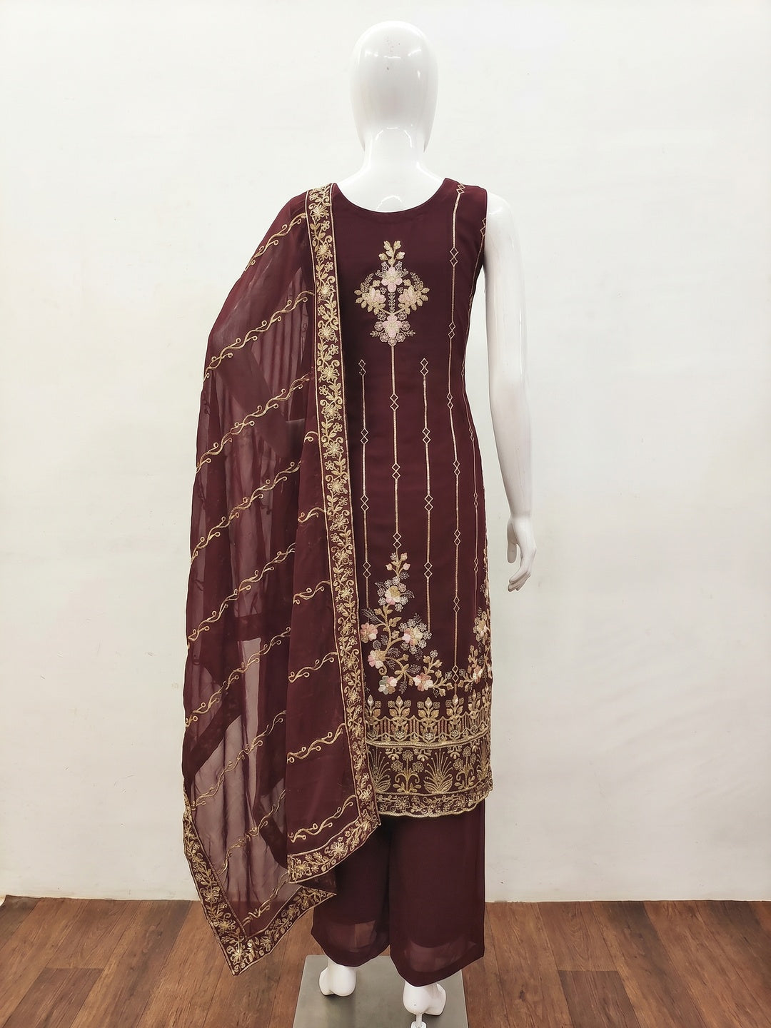 Dark Brown Embroidered Georgette Dress Material - Image 3