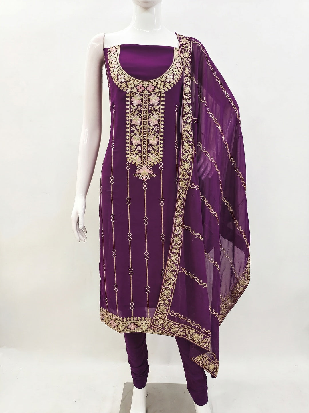 Purple Embroidered Georgette Dress Material - Image 1