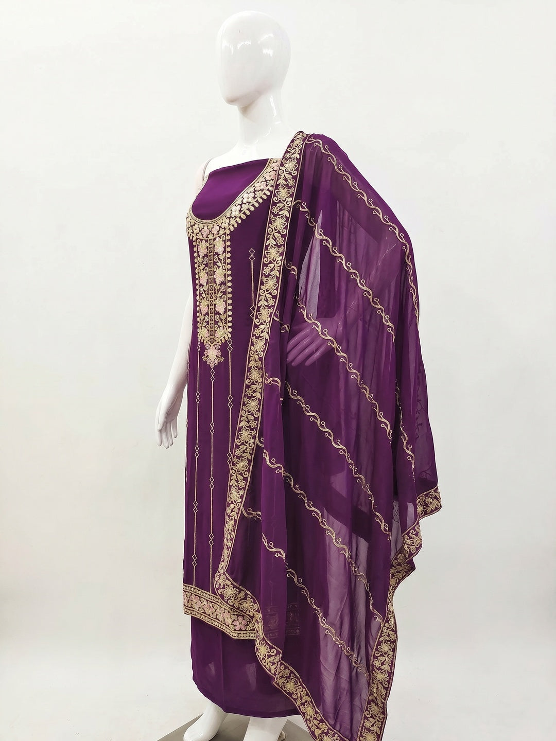 Purple Embroidered Georgette Dress Material - Image 2