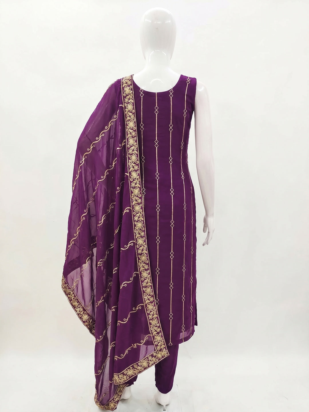 Purple Embroidered Georgette Dress Material - Image 3