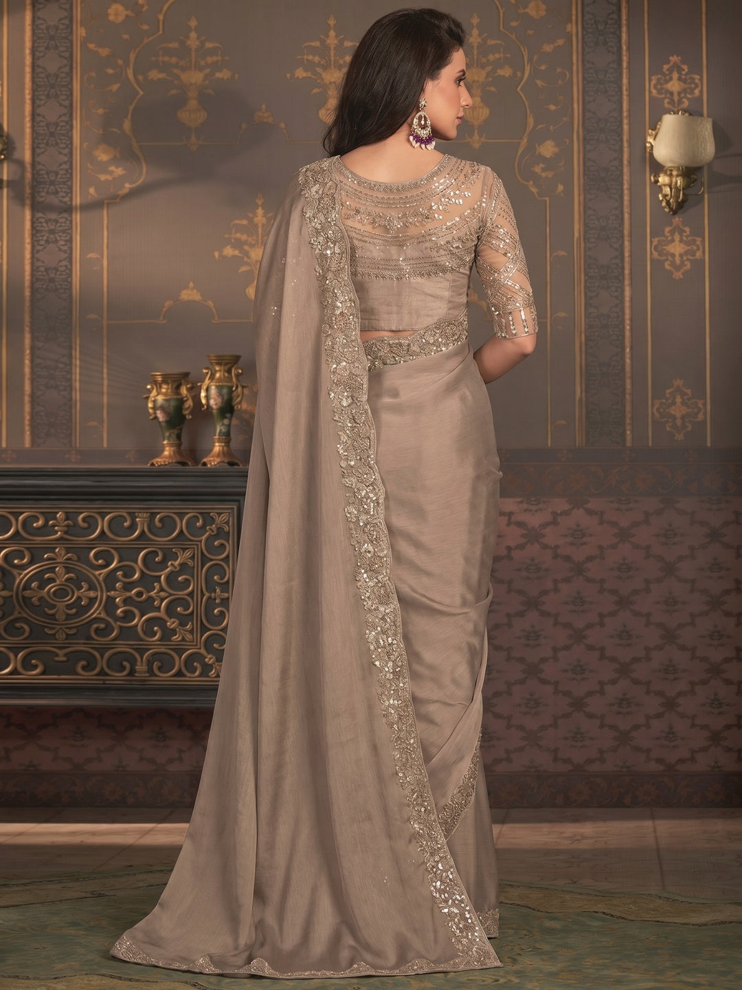 Dusty Beige Embroidered Designer Satin Saree - Image 2