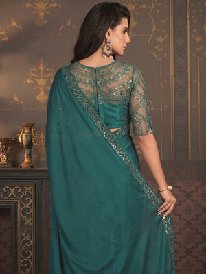 Teal Embroidered Designer Satin Saree - Image 1