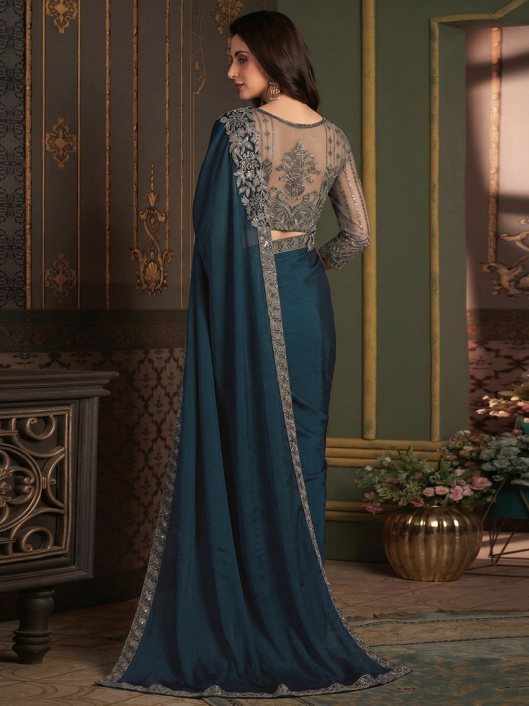 Dark Teal Embroidered Designer Satin Saree - Image 1