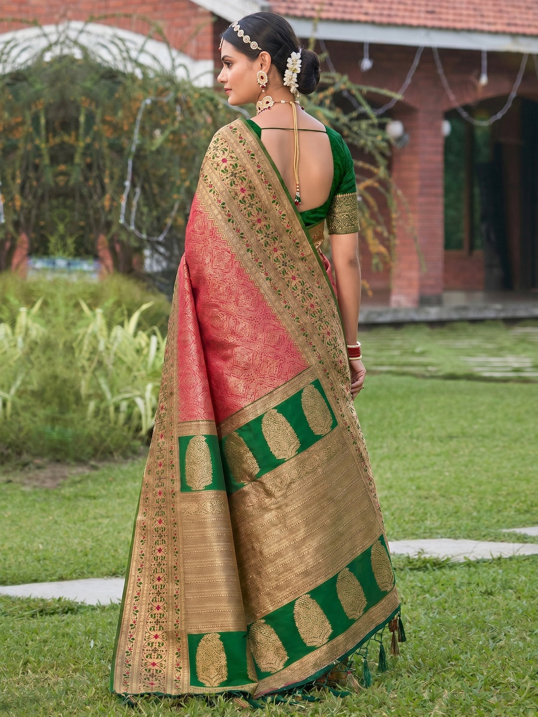 Pink Woven Kanjivaram Silk Saree With Tassels - Image 1