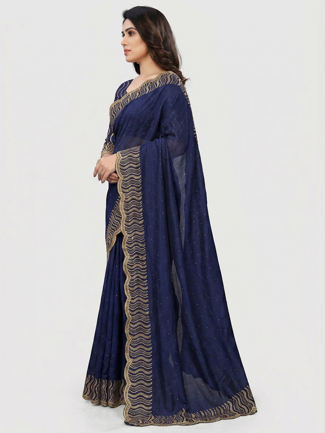 Blue Embroidered With Swarovski Work Vichitra Silk Saree - Image 3