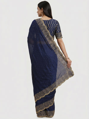 Blue Embroidered With Swarovski Work Vichitra Silk Saree - Image 2