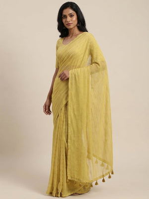 Yellow Woven Chiffon Saree with Tassels - Image 1