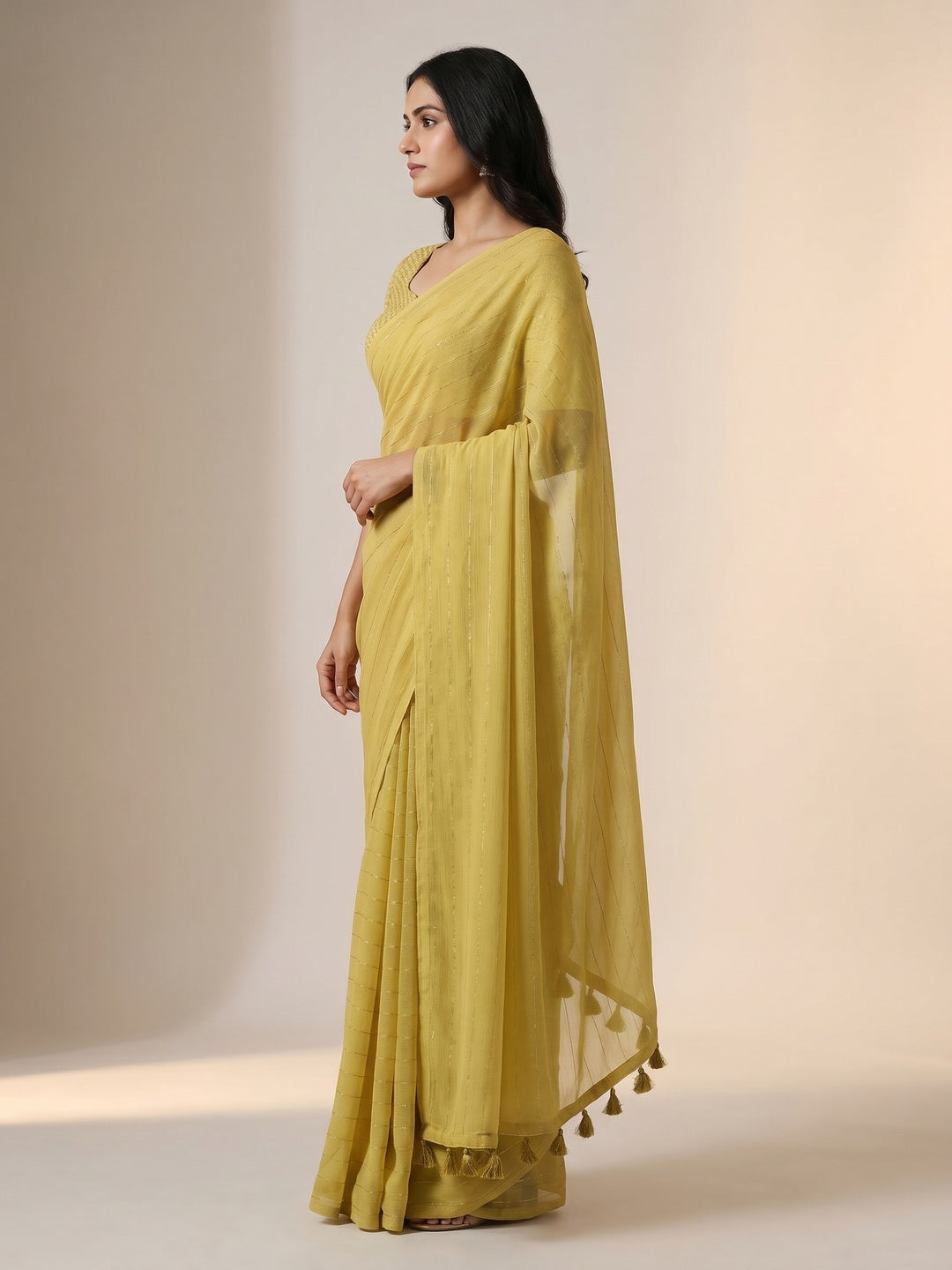 Yellow Woven Chiffon Saree with Tassels - Image 3