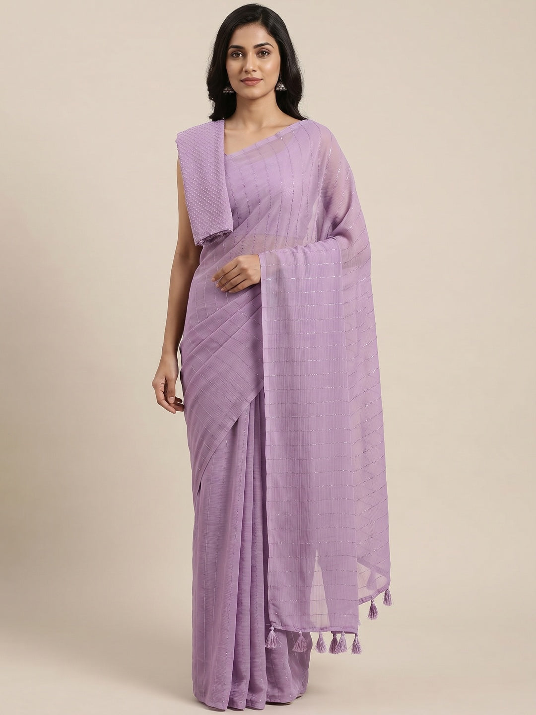 Lavender Woven Chiffon Saree with Tassels - Image 1