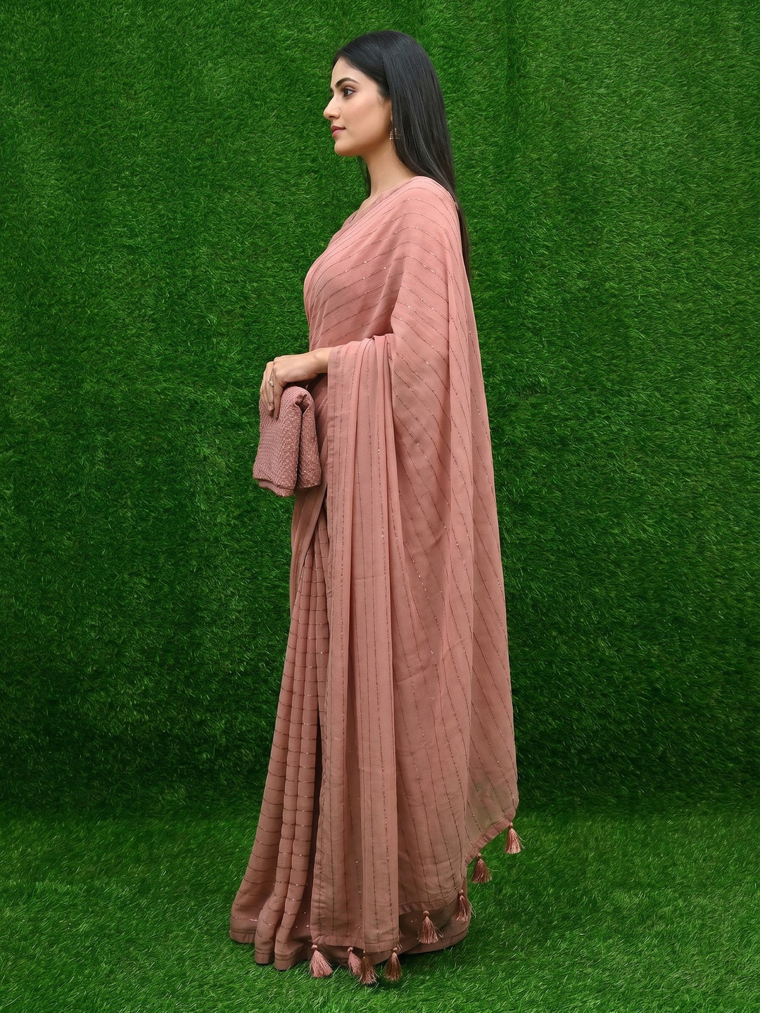 Peach Woven Chiffon Saree with Tassels - Image 3