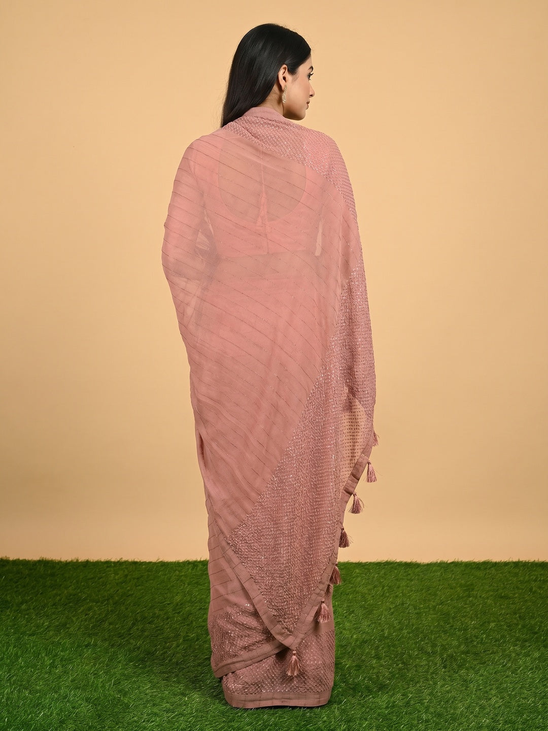 Peach Woven Chiffon Saree with Tassels - Image 2