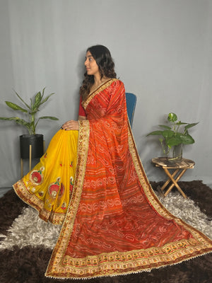 Yellow & Orange Bandhani Printed Chiffon Half & Half Saree - Image 1