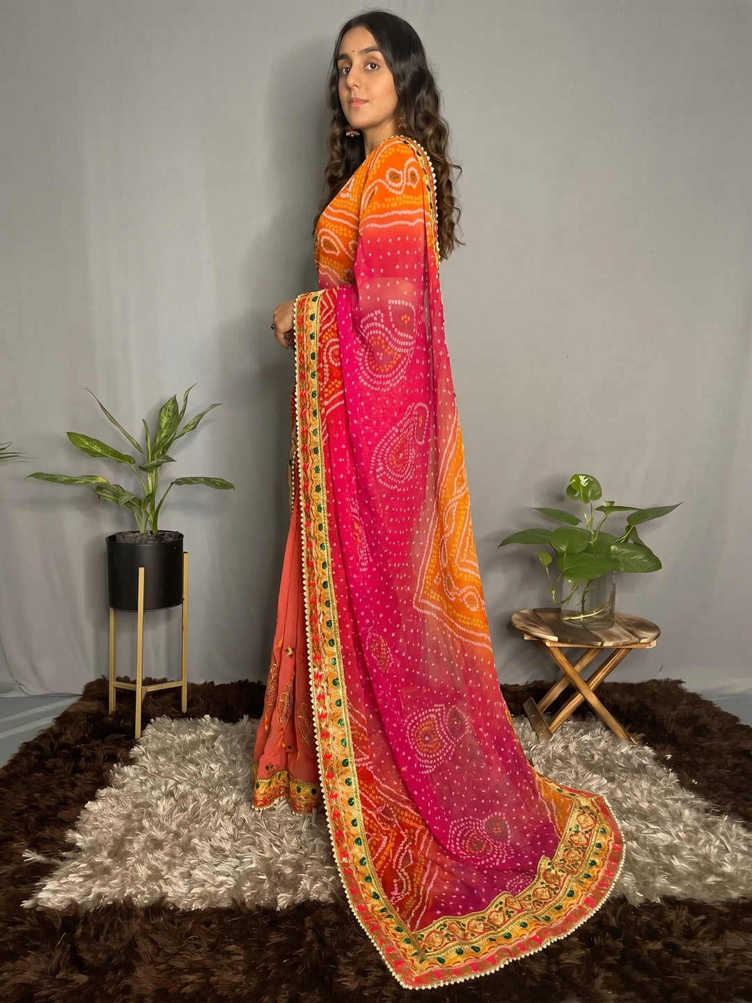 Peach & Pink Bandhani Printed Chiffon Half & Half Saree - Image 1