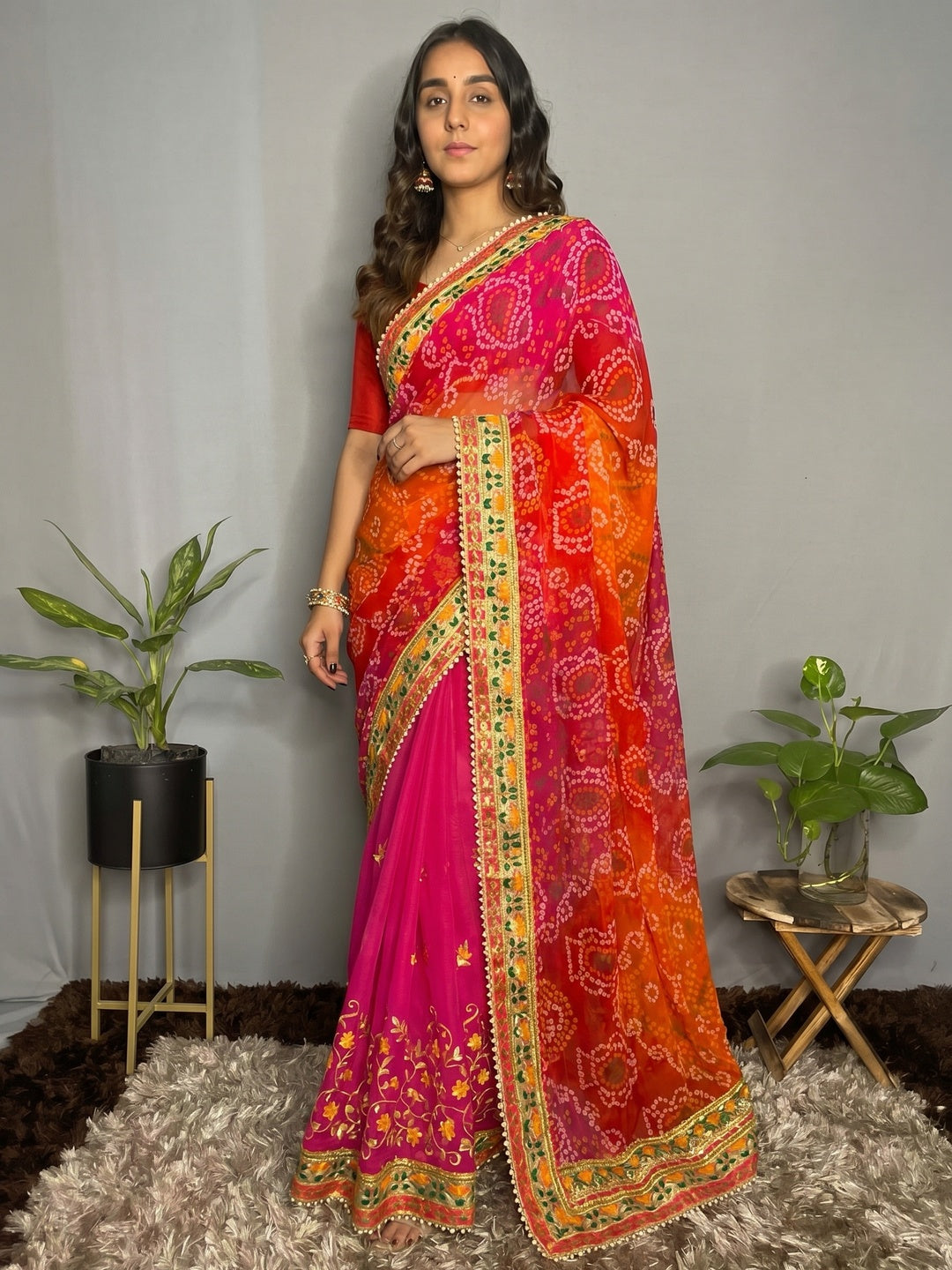 Rani Pink & Orange Bandhani Printed Chiffon Half & Half Saree - Image 1