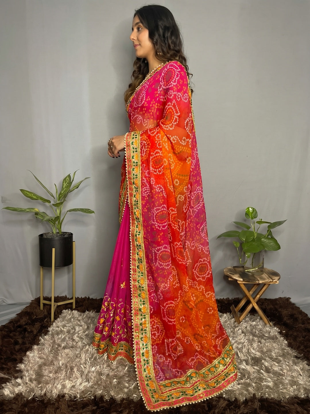 Rani Pink & Orange Bandhani Printed Chiffon Half & Half Saree - Image 2