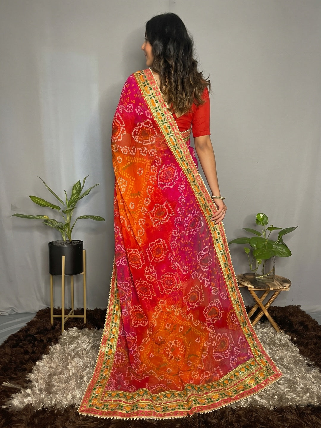 Rani Pink & Orange Bandhani Printed Chiffon Half & Half Saree - Image 3