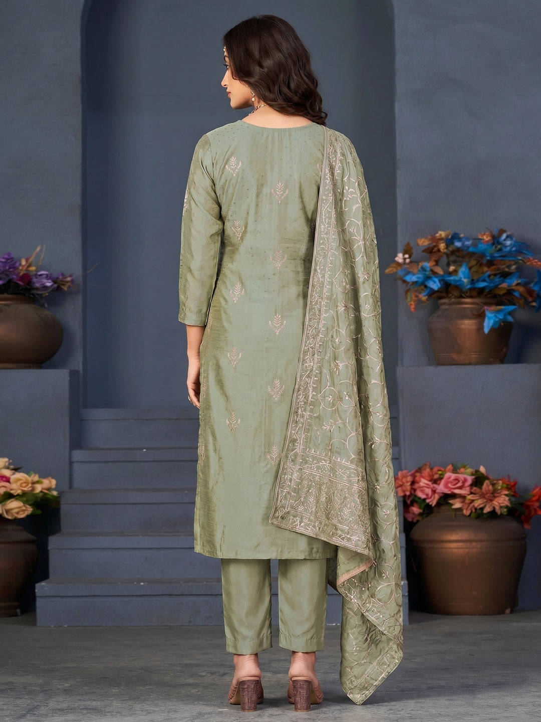 Green Embroidered With Swarovski Work Art Silk Semi Stitched Salwar Suit - Image 1