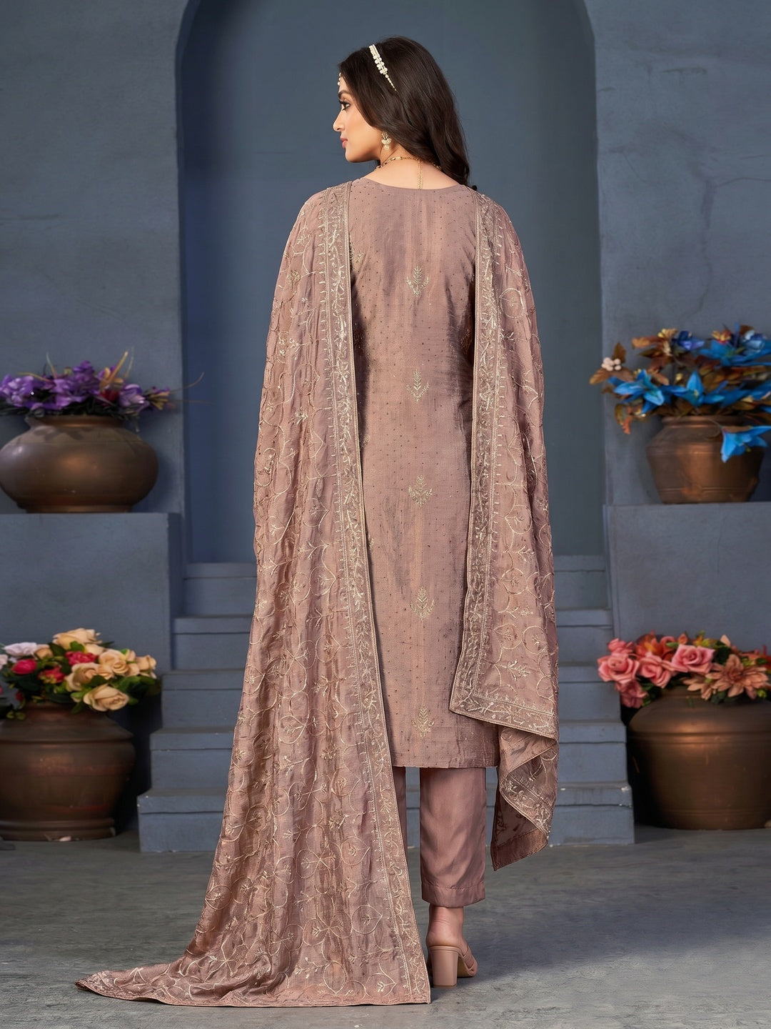 Peach Embroidered With Swarovski Work Art Silk Semi Stitched Salwar Suit - Image 1