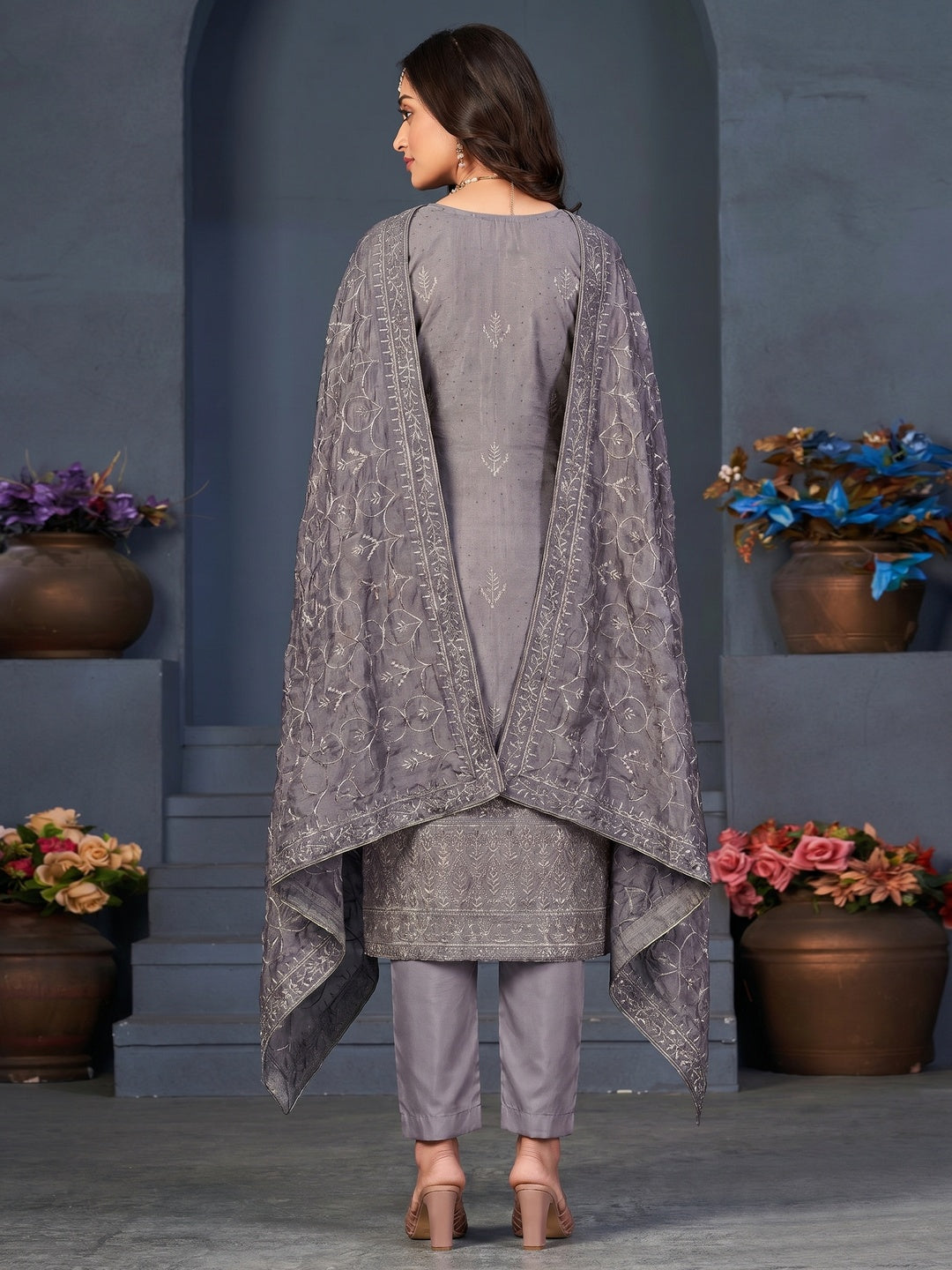 Purple Embroidered With Swarovski Work Art Silk Semi Stitched Salwar Suit - Image 1