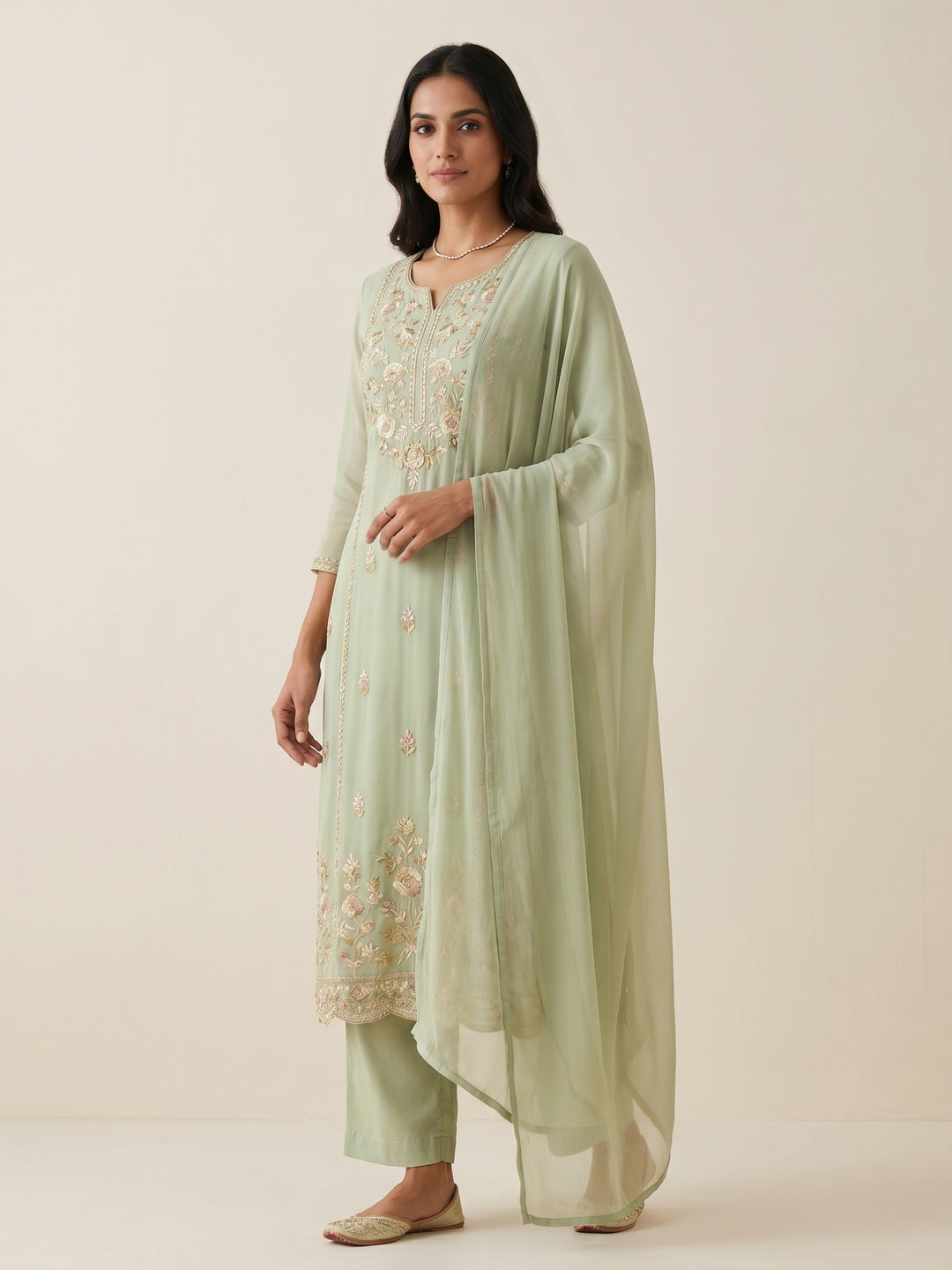 Light Green Sequins With Floral Embroidered Georgette Pakistani Suit - Image 1