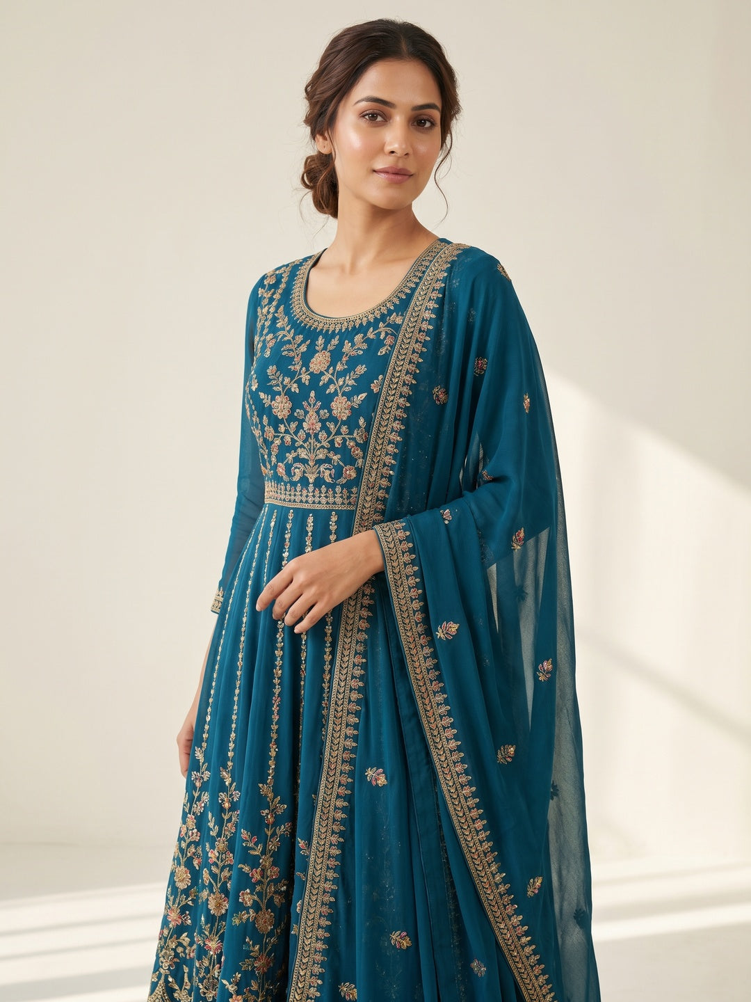 Teal Blue Sequins With Floral Embroidered Georgette Pakistani Suit - Image 1