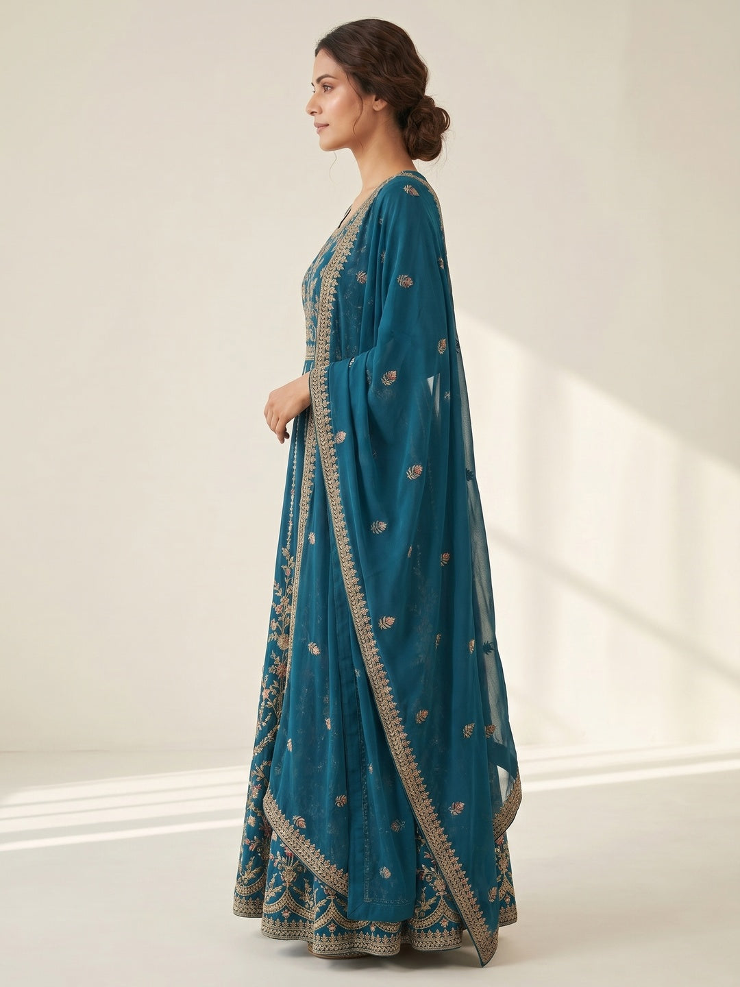 Teal Blue Sequins With Floral Embroidered Georgette Pakistani Suit - Image 2