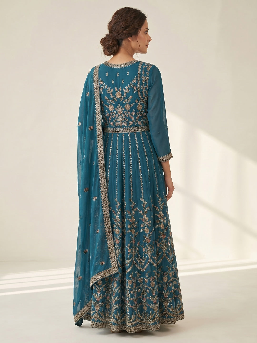Teal Blue Sequins With Floral Embroidered Georgette Pakistani Suit - Image 3