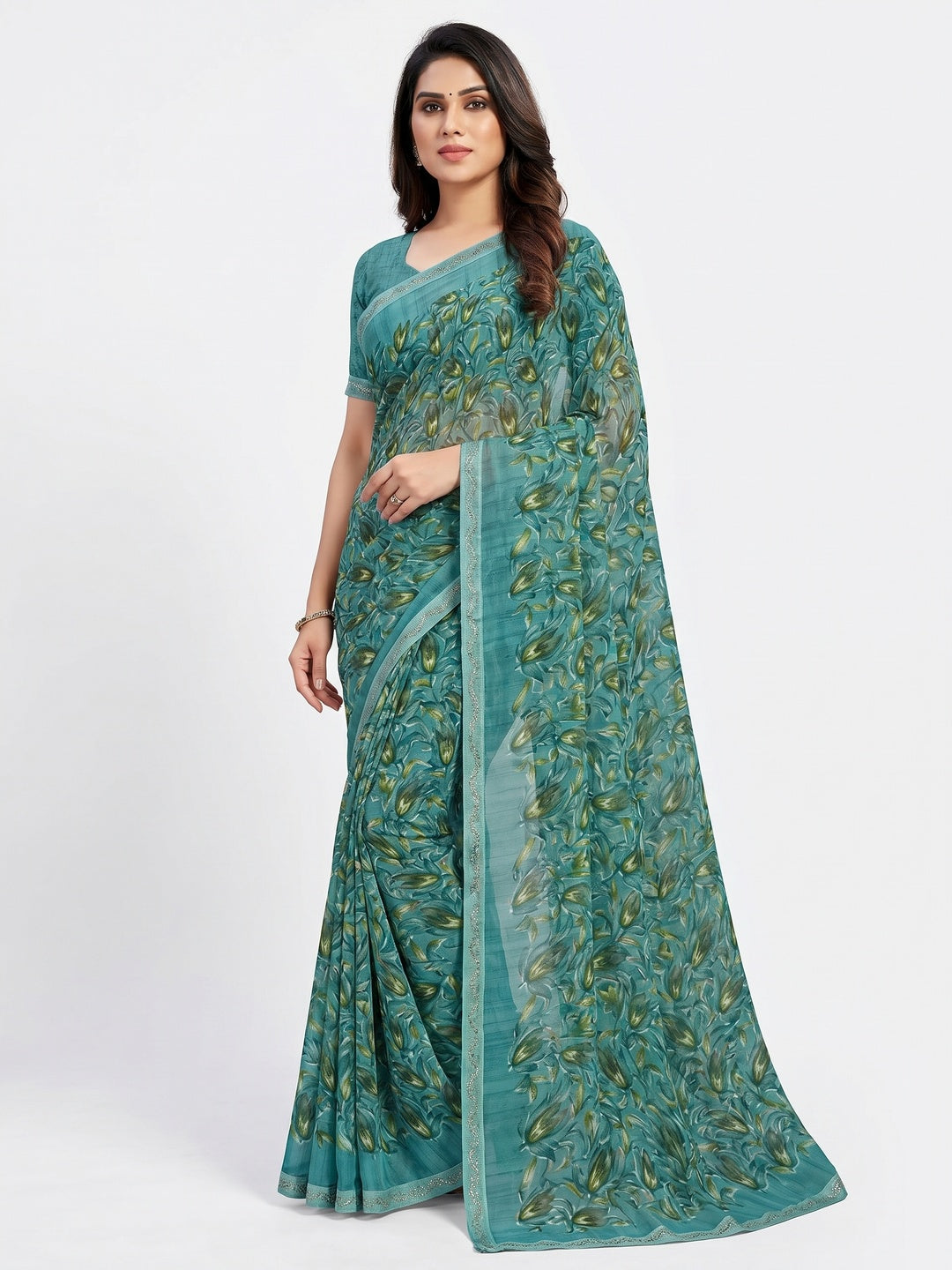 Teal Floral Printed Georgette Saree - Image 1
